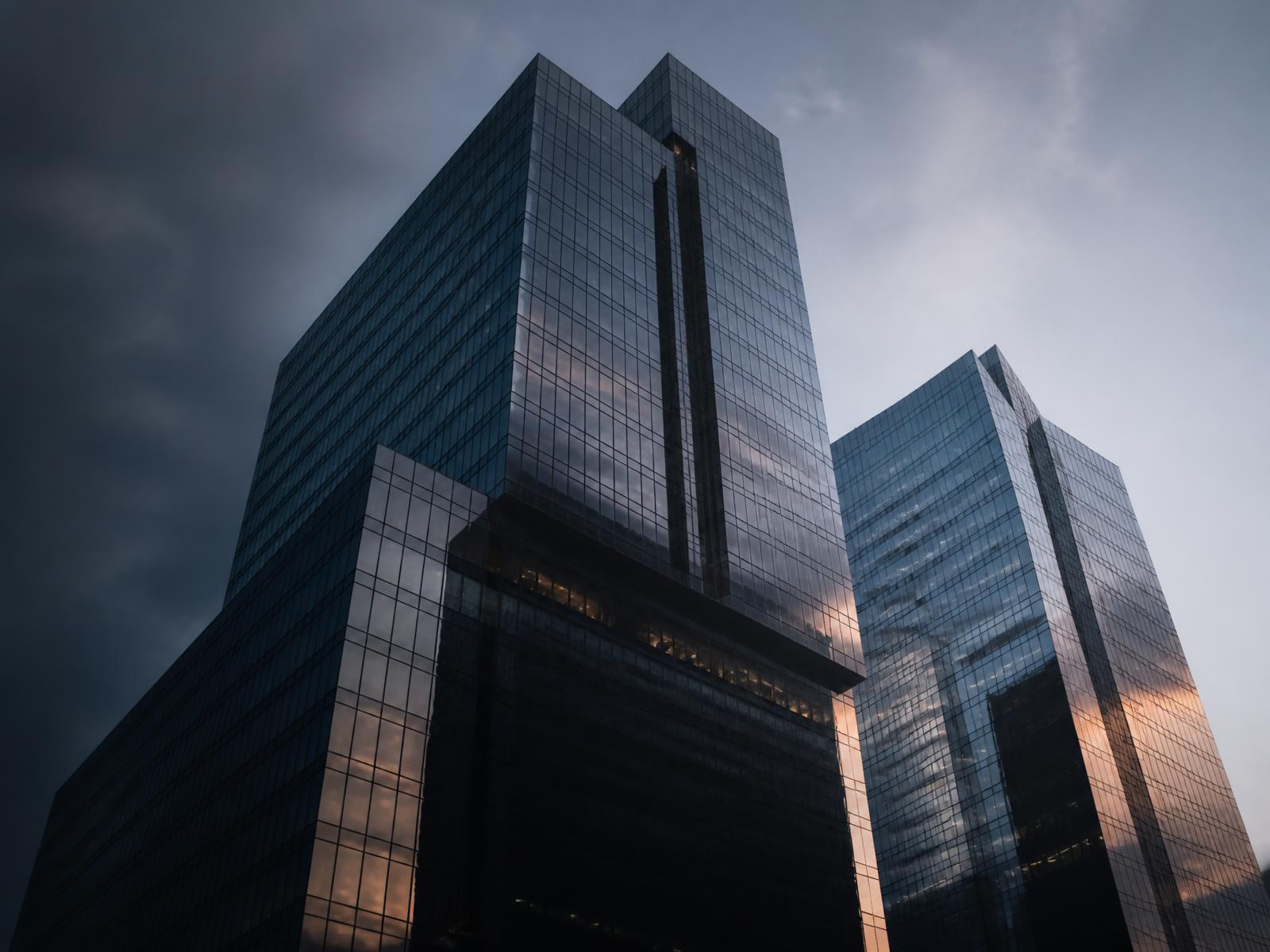 Modern corporate skyscrapers rising against a moody sky